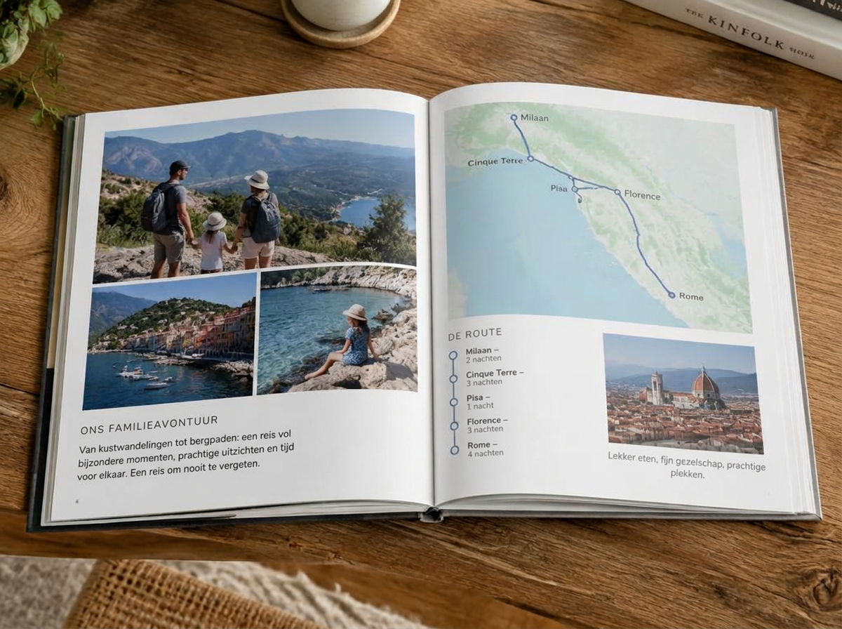 Opengeslagen hardcover fotoboek met vakantiefoto's en routekaart